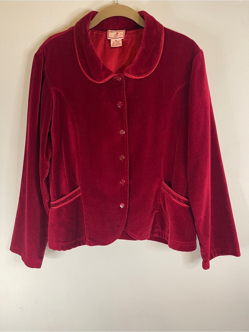 April Cornell Vintage Deep Red Velvet Button Front Jacket Size Medium